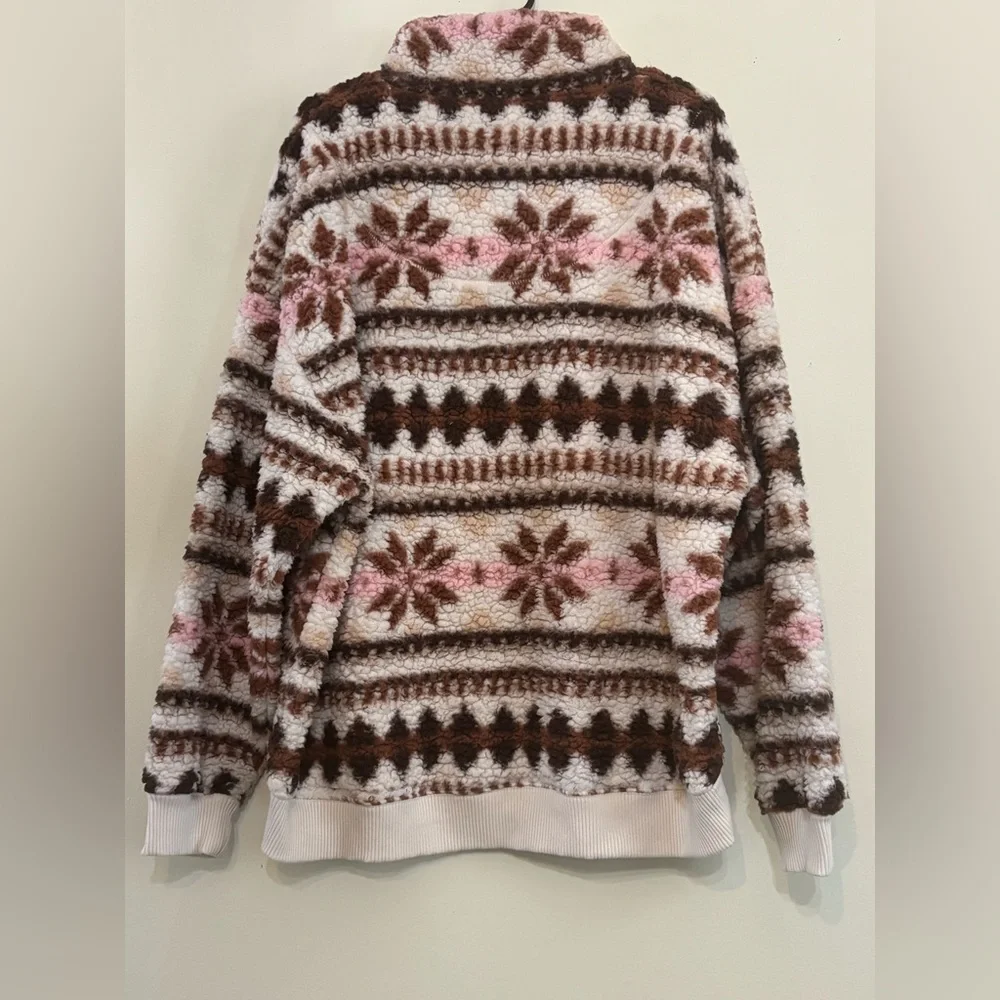 Aerie Sherpa Quarter Zip Pullover Fleece Sweater Fair Isle Snowflake  Large - Picture 3 of 3